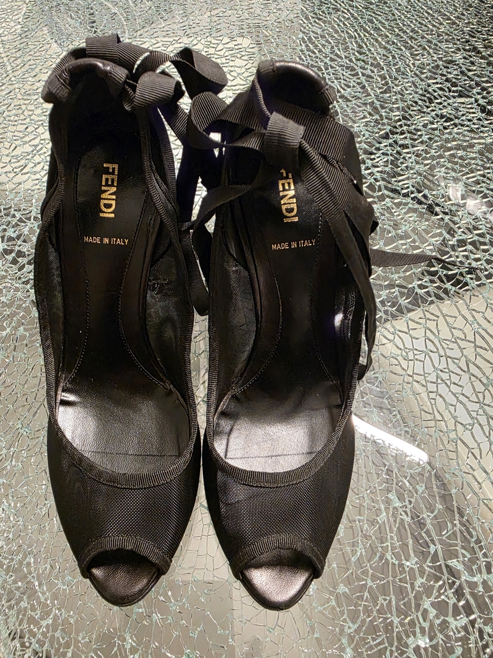Fendi Black Peep-Toe Ribbon Tie Heels